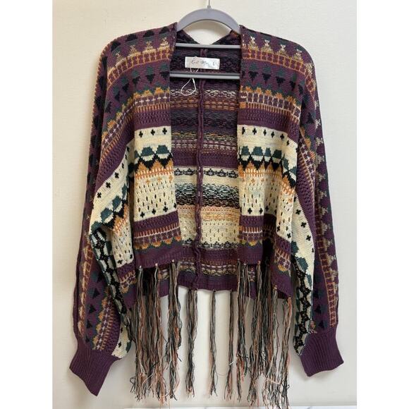 Knit Mix Boho Fringe Oversized Cardigan Sweater L - Picture 1 of 6